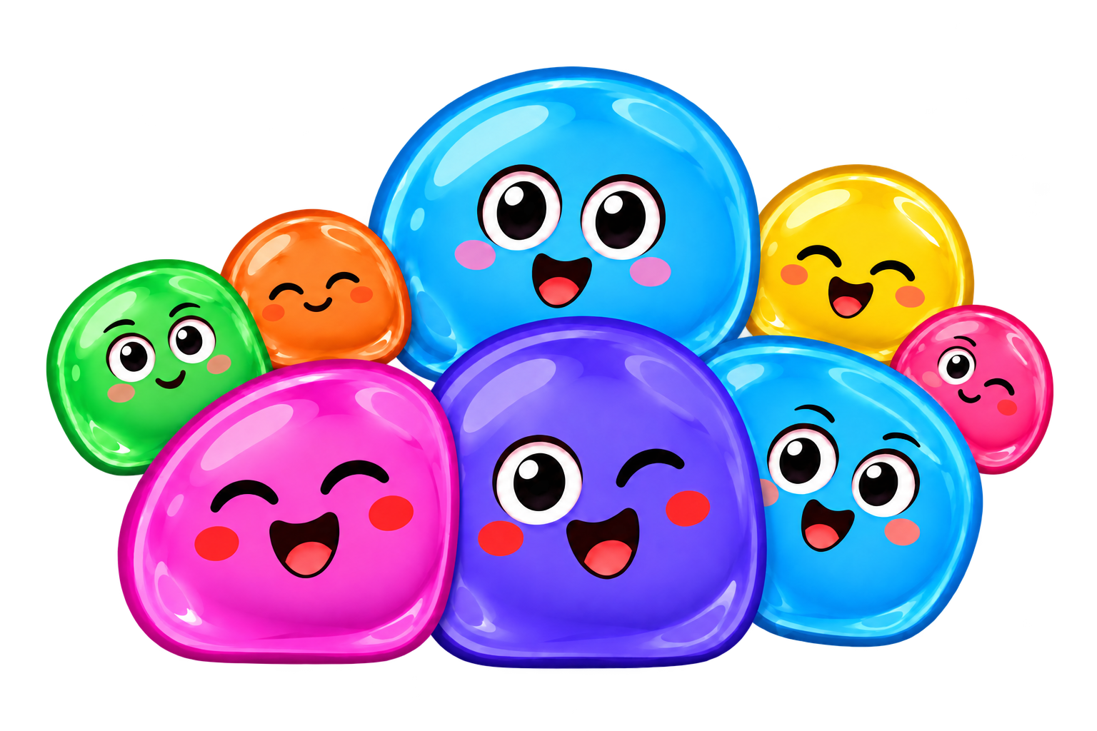 A cheerful family of glossy pink, blue, green, orange, yellow and purple jellies
